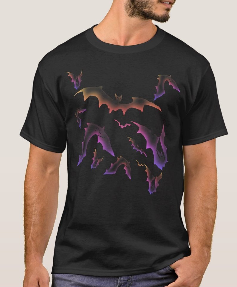 Bat Lovers Colorful Flying Bats City Lights Tee Shirt- Black - Men's