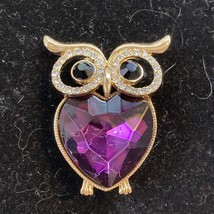 Signed Monet Owl Gold Tone and Purple Rhinestone Crystal Heart 2&quot; Pin Br... - £17.90 GBP