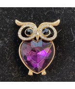 Signed Monet Owl Gold Tone and Purple Rhinestone Crystal Heart 2&quot; Pin Br... - £17.78 GBP