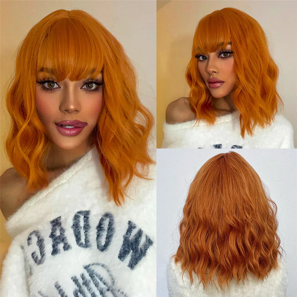 Short Curly Synthetic Wigs Curly Bob Lolita Cosplay Wig Water Wave Orange Wigs - £22.95 GBP