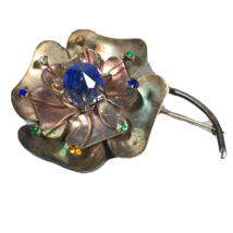 Sterling Silver Brooch Pin Large Vintage Open Flower Multi color Rhinest... - £26.74 GBP