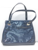 VTG Navy Vinyl Top Kiss Lock Handbag Purse Many Compartments Groovy Inner Lining - £14.59 GBP