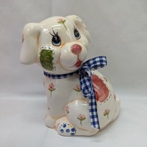 White Puppy Dog With Flowers And Plaid Blue White Bow Glossy Ceramic Coin Piggy - £15.49 GBP