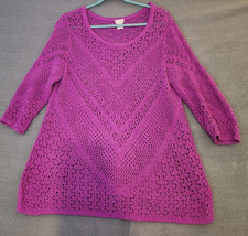 Chicos Sweater Womens 2 Large Purple 3/4 Sleeve Open Knit Tunic Crochet ... - $19.75