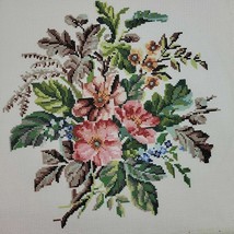 Summer Floral Embroidery Finished Bouquet Spray Blue Brown Pink Ecru Nosegay Vtg - £28.88 GBP