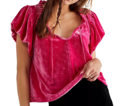 Free People Terese Velvet Ruffled Puffed Sleeve Top Women&#39;s XS Pink Phenom B4HP - £19.55 GBP