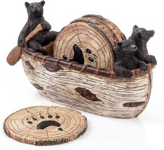 Bear Coasters Set – 6 Full Size Rustic Coasters In Handmade Canoe With Adorable - £33.21 GBP