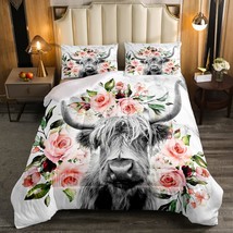 Highland Cow Flower Comforter Set Full Size Bull Cattle Western Funny Animal Bed - £40.75 GBP