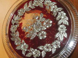 Antique 11.25&quot; Goofus Glass Cake Plate Dogwood pattern Silver Red relief... - $10.79