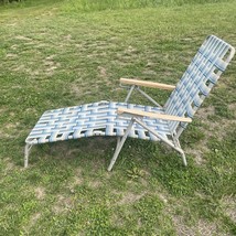 Vintage Folding Webbed Chaise Lounge Chair Blue White Beach Camp Lawn Pool - £37.34 GBP