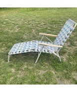 Vintage Folding Webbed Chaise Lounge Chair Blue White Beach Camp Lawn Pool - £37.42 GBP