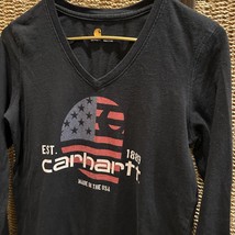Carhartt Shirt Womens Small Black Made in USA Logo V-Neck Longsleeve Wor... - £8.52 GBP