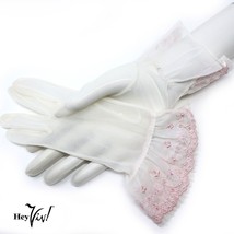 Vintage 1950s Wrist Length Sheer Pink Gloves - 2.5&quot; Embroidered Ruffle - Hey Viv - £14.12 GBP