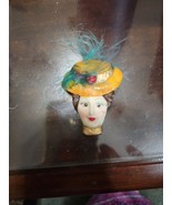 Vintage Art Deco Lady Face Head Yellow Feathered Hat Fancy Brooch Pin.  ... - $19.09 CAD