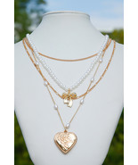 Gold Heart Pendant Pearl Chain Multi Layer Necklace - $4.98