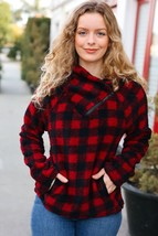 So Cozy Red Sherpa Plaid Asymmetrical Zip Sweater Top - £26.74 GBP