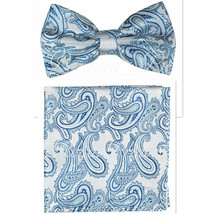 Men Turquoise Blue BUTTERFLY Bow tie And Pocket Square Handkerchief Set ... - £8.66 GBP
