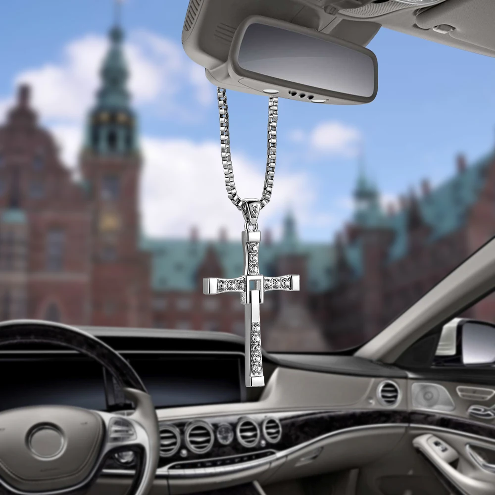 Crystal Metal Christian Cross Automobile Car Rearview Mirror Decoration Hanging - £9.66 GBP