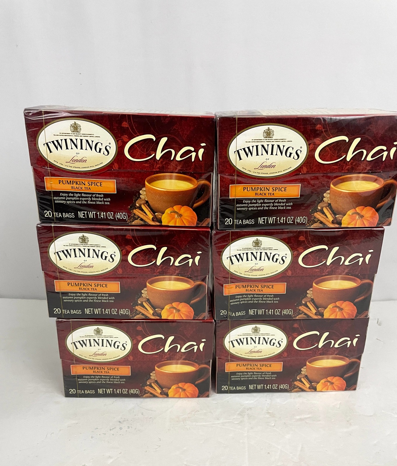 6 BOXES Twinings of London Chai Pumpkin Spice Black Tea 20 Tea Bags Each - $49.49