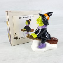 Halloween Witch Riding on Broom Ceramic Figure Salt &amp; Pepper Shaker Set  NEW - $19.39