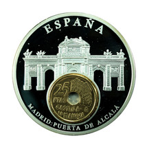 Spain Inlay Medal Puerta De Alcala 50mm Proof Silver &amp; Gold Plated 01544 - £21.57 GBP