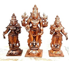Handmade Copper Lord Venkateswara with Sridevi Bhudevi 3.9 inches Patina... - $247.49