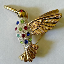 Vintage Gold Tone Colorful Rhinestone Hummingbird Brooch SKU PB76 - $16.99