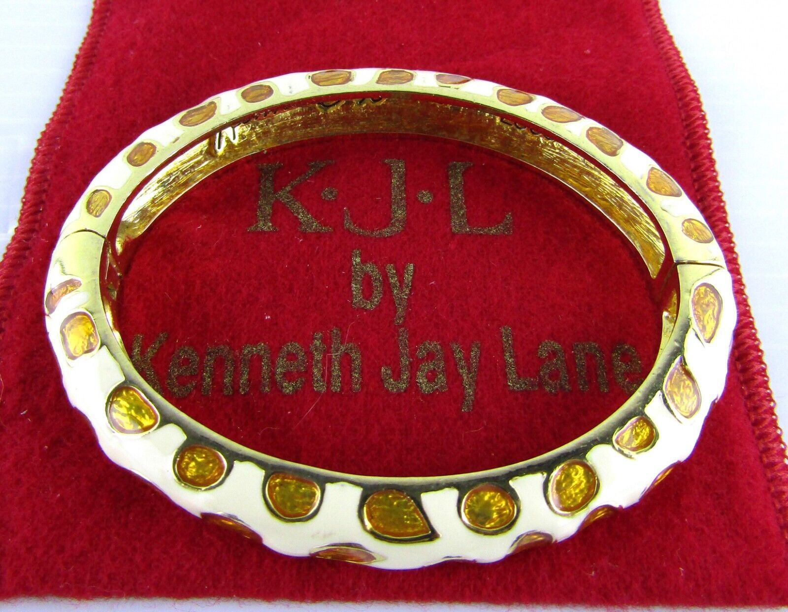 Kenneth Jay Lane, Enamel Amber Cream Giraffe Print Bracelet Collection Hinged - $22.48
