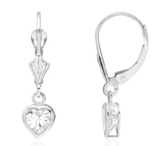 14K Solid White Gold Bezel Set White Sapphire Heart Leverback Dangle Earrings - £74.82 GBP