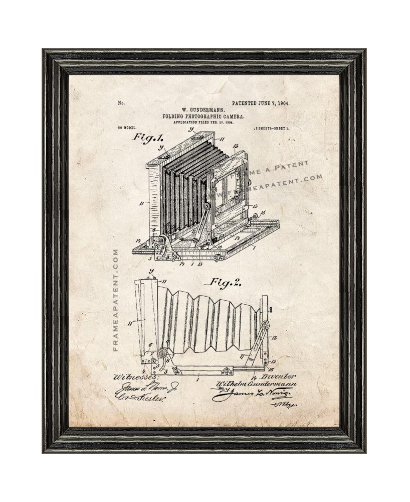 Folding Photographic Camera Patent Print Old Look with Black Wood Frame