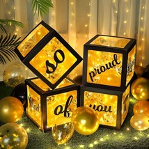 Graduation Party Decorations Black &amp; Gold Balloon Box Set w  4 LED Light Strings - £24.24 GBP