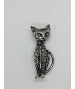 Vintage Cat BROOCH Pin Textured Silvertone Sitting  2&quot; Inches Unmarked Used - £6.23 GBP