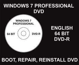 Windows 7 Professional, Repair, Reinstall, Restore DVD, 64 Bit, Bootable - £41.69 GBP