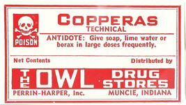 1 Vintage Label COPPERAS TECHNICAL FOwl Drug Stores Muncie Indiana - £18.13 GBP