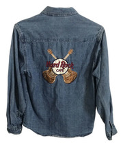 Vtg Hard Rock Cafe Womens Shirt Las Vegas Embroidered Logo Denim Jean Sz Large - £11.47 GBP