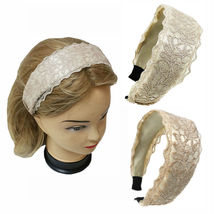 Lurex Lace Wide Bridal Headband Hair Accessory 2&quot; width Beige Color - £11.25 GBP