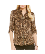 Michael Kors Leopard Animal Print Zipper Role Tab Sleeve Blouse Size Small - $29.69