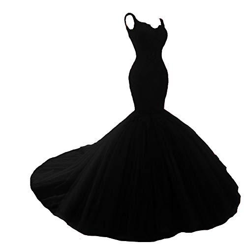 Custom Made Mermaid Tulle Beaded Lace Appliques Long Evening Prom Dresses Black
