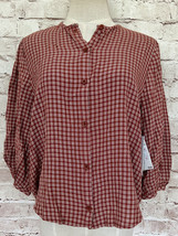 Treasure &amp; Bond Top Women XXS Rust Plaid Collarless Button Up NEW 1/2 Puff Slv - £25.13 GBP