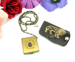 Lions Club Leather Key Fob &amp; Pill Case Chain &amp; Hook Goldtone Metal Vintage - £13.58 GBP