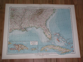 1911 Original Antique Map Of Florida Bahamas Georgia Cuba Louisiana Dominicana - £24.00 GBP