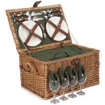 Four Person Green Tweed Chest Wicker Picnic Basket - £70.36 GBP