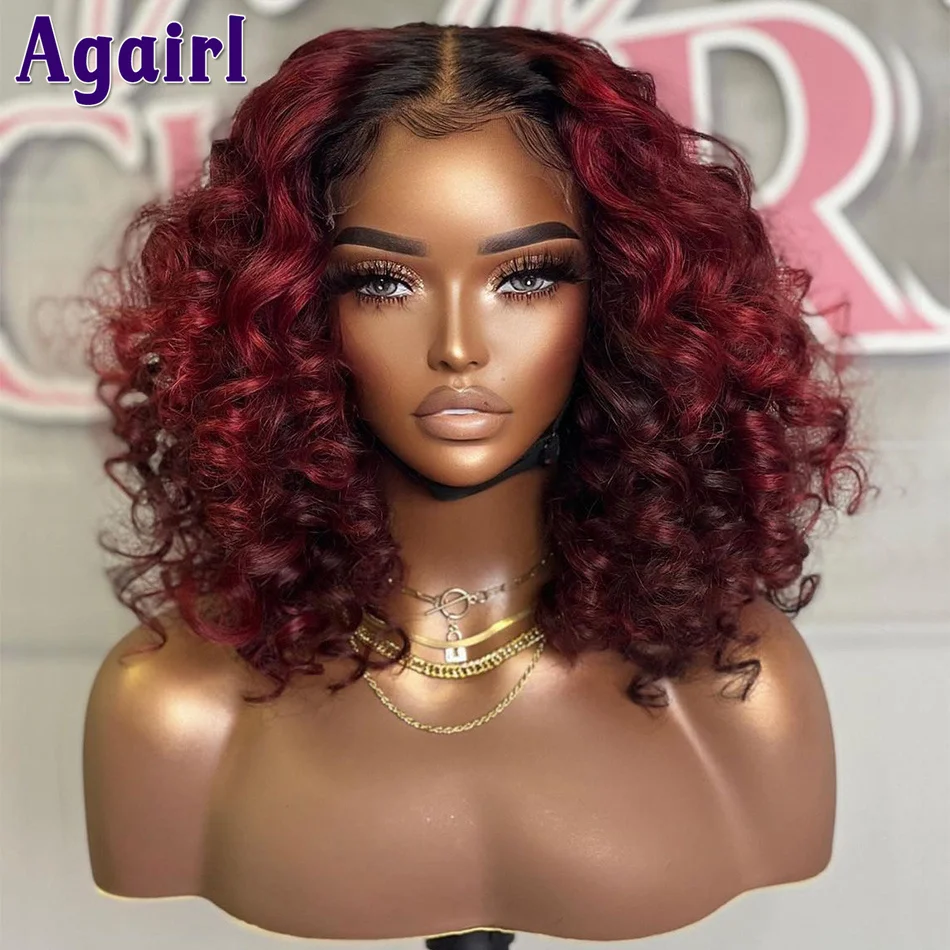 13x6 loose wave wig highlight red curly human hair wigs ombre red with black water wave thumb200