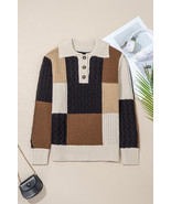 Multicolor Colorblock Cable Knit Sleeve Buttons Collared Sweater - $45.32