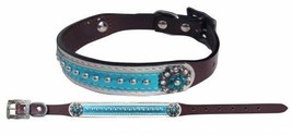 Fancy Dark Leather Dog Collar w/Bling! Crystal Rhinestones on Turquoise Metallic - £9.23 GBP+