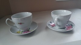 Pair Decorative Porcelain Cups&amp;Saucers Set Flower Designs Gold Rim Display Only - £15.55 GBP