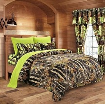 King Size 22 Pc Black Woods Camo Comforter And Lime Sheet Set Plus 3 Curtain Set - £118.60 GBP