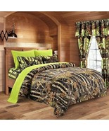 KING SIZE 22 PC BLACK WOODS CAMO COMFORTER AND LIME SHEET SET PLUS 3 CUR... - £118.58 GBP