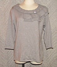 Sag Harbor Shiny Gray Layered Neckline With Gemstone Brooch Knit Sweater Blouse - £11.84 GBP