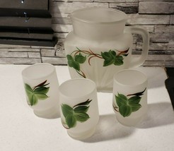 1950s Hazel Atlas Frosted Pitcher Cups Painted Ivy Foliage Gay Fad Studios MCM - £21.52 GBP